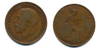Великобритания 1 пенни 1920 Георг V (1910-1936) КМ 810, Spink 4051 бронза 47-441