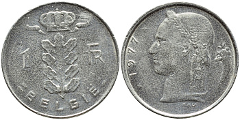 БЕЛЬГИЯ 1 ФРАНК 1977 BELGIE KM 143.1 медно-никель 4379-254