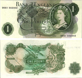 АНГЛИЯ 1 ФУНТ 1970-1977 ПОДПИСЬ J.B. PAGE Pick 374g бумага UNC (ПРЕСС) 7214-3-3-1