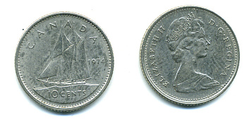 КАНАДА 10 ЦЕНТОВ 1974 ПАРУСНИК KM 77.1 никель 4383-426