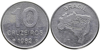 Бразилия 10 крузейро 1982 карта Бразилии KM 592.1 нержавеющая сталь 3336-853