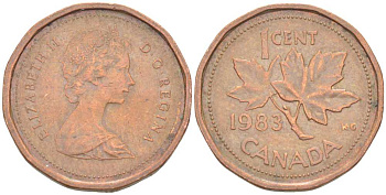 КАНАДА 1 ЦЕНТ 1983 КЛЕНОВЫЙ ЛИСТ, ЕЛИЗАВЕТА II KM 132 бронза 96-639