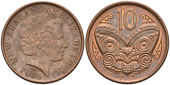 Новая Зеландия 10 центов 2006 маска Маори, Елизавета II (1952-) KM 117а сталь плакированная медью 186-524