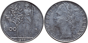 ИТАЛИЯ 100 ЛИР 1977 R , АФИНА KM 96.1 нержавеющая сталь 4394-621