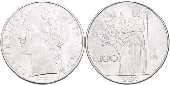 ИТАЛИЯ 100 ЛИР 1960 R, АФИНА, ДИАМЕТР 28 ММ. KM 96.1 нержавеющая сталь 4521-1121