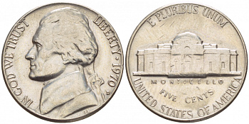 США 5 ЦЕНТОВ 1970 D, ДЖЕФФЕРСОН KM А192 медно-никель 4546-1142