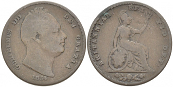 Великобритания 1 фартинг 1834 Вильгельм IV (1830-1837) KM 705, Spink 3848 медь 1515-2135