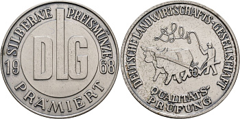 Германия медаль 1968 аудиторское общество по качеству, премирует серебряной медалью DLG, диаметр 41 мм.  белый металл    1066-10-13