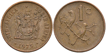 ЮАР 1 цент 1975 герб, капские воробьи KM 82 бронза 4115-168