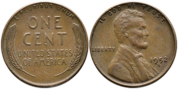 США 1 ЦЕНТ 1952 S, ЛИНКОЛЬН KM А132 медь цинк 100-513