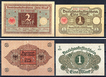 Германи лот из 2 банкнот (1 и 2 марки) 1920 Веймарская Республика Pick 58 и 60 бумага 7556-50-1-2