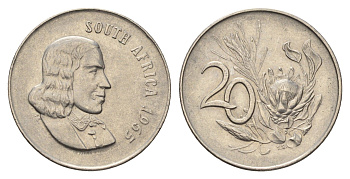ЮАР 20 центов 1965 Ян ван Рибек (1619-1677), South Africa, легенда на английском, цветок протея KM 69.1 никель 4693-636