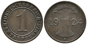 Германия 1 рентенпфенниг 1924 A KM 30, J. 306, Weege 1 бронза 39-831