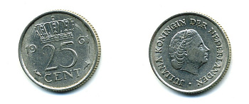 НИДЕРЛАНДЫ 25 ЦЕНТОВ 1961 ЮЛИАНА KM 183 никель 76-368