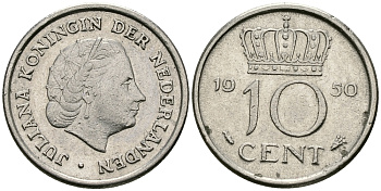 НИДЕРЛАНДЫ 10 ЦЕНТОВ 1950 ЮЛИАНА KM 182 никель 96-466