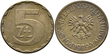 ПОЛЬША 5 ЗЛОТЫХ 1979 MW KM 81.1 латунь 110-845