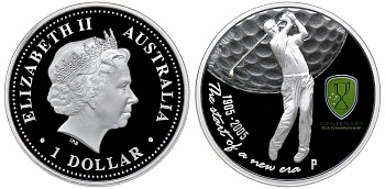 Австралия 1 доллар 2005 100 лет чемпионату мира по гольфу среди профессионалов (Professional Golfer's Association Championship), тираж 7500 экземпляров, в оригинальной коробке KM 831 серебро PROOF 8-1-05-09