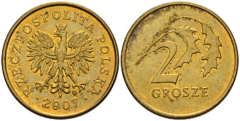 Польша 2 гроша 2007 MW KM 277, Parchimowicz 702n латунь 4580-531