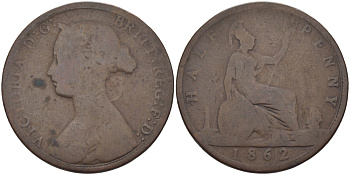 Великобритания 1/2 пенни 1862 Виктория (1837-1901) KM 748.2, Spink 3956 бронза 28-321