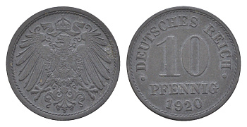 Германия 10 пфеннигов 1920 KM 26, J. 299 цинк 4644-1221