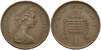 Великобритания 1 пенни 1973 Елизавета II (1952-2022) KM 915, Spink 4237 (B1) бронза 176-614