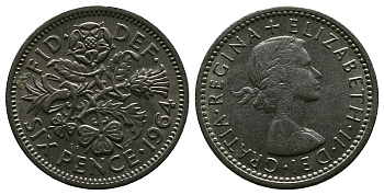 Великобритания 6 пенсов 1964 Елизавета II (1952-2022) KM 903, Spink 4149 медно-никель 4381-821