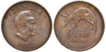 Замбия 1 нгве 1972 Кеннет Каунда, трубкозуб KM 9 бронза 4164-536