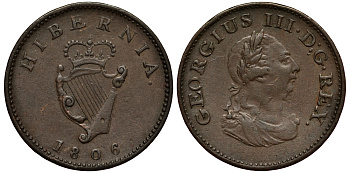 ИРЛАНДИЯ 1 ФАРТИНГ 1806 ГЕОРГ III KM 146.1 медь 1525-835