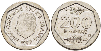 ИСПАНИЯ 200 ПЕСЕТ 1987 ХУАН КАРЛОС I ( 1975-) KM 829 медно-никель XF 216-513