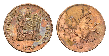 ЮАР 1/2 цента 1970 два капских воробья на ветке KM 81 бронза UNC 96-1169