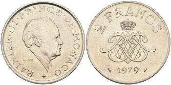 Монако 2 франка 1979 Ренье III (1949-2005) KM 157 никель 4177-333