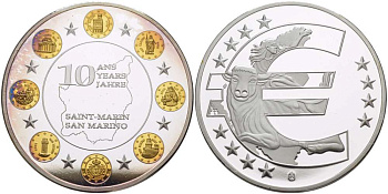 НИДЕРЛАНДЫ МЕДАЛЬ 2012 СЕРИЯ 10 ЛЕТ ЕВРО, САН МАРИНО, СЕРЕБРЕНИЕ, ПОЗОЛОТА, ДИАМЕТР 40 ММ., ПОХИЩЕНИЕ ЕВРОПЫ PROOF 1082-6-43
