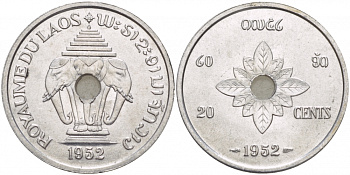 Лаос 20 центов 1952 король Сисаванг Вонг (1904-1959), слоны KM 5 алюминий 4545-515