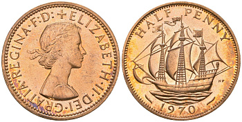 Великобритания 1/2 пенни 1970 Елизавета II (1952-2022) KM 896, Spink 4158 бронза PROOF 4163-1222
