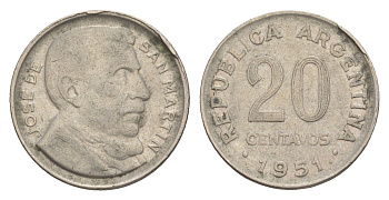 Аргентина 20 сентаво 1951 KM 48 медно-никель 4617-928