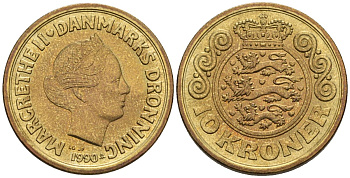 Дания 10 крон 1990 LG;JP;A , Маргрете II (1972-) KM 867.2, Schoen 89 алюминиевая бронза UNC 4513-215