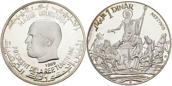 Тунис 1 динар 1969 Хабиб Бургиба, Нептун KM 298 серебро PROOF 1091-5-43