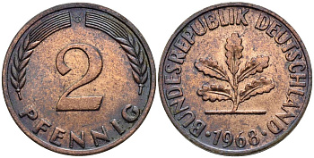ФРГ 2 пфеннига 1968 G KM 106a, J.381a сталь плакированная медью 4546-952