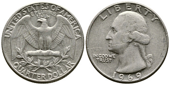 США 25 центов (квотер) 1969 Вашингтон KM 164а медь плакированная медно-никелем 57-231