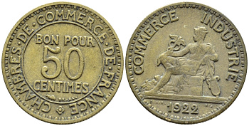 Франция 50 сантимов 1922 тип Chambre de Commerce KM 884, Le Franc 191.5 алюминиевая бронза 4110-1738