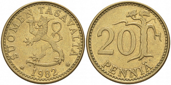 ФИНЛЯНДИЯ 20 ПЕННИ 1982 K KM 47 алюминиевая бронза 3718-525