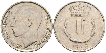 ЛЮКСЕМБУРГ 1 ФРАНК 1978 ВЕЛИКИЙ ГЕРЦОГ ЖАН (1964-2000) KM 55 медно-никель 63-643