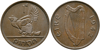 ИРЛАНДИЯ 1 ПЕННИ 1942 КУРИЦА С ЦЫПЛЯТАМИ KM 11 бронза 4389-823