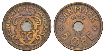 Дания 5 эре 1928 N, Кристиан X (1912-1947) KM 828 бронза 4638-622