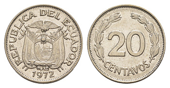 Эквадор 20 сентаво 1972 KM 77.1c сталь плакированная никелем 4640-1233