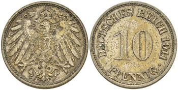 ГЕРМАНИЯ 10 ПФЕННИГОВ 1911 F KM 12, J. 13, Weege 8 медно-никель 212-153