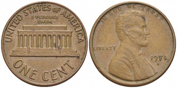 США 1 ЦЕНТ 1971 D, ЛИНКОЛЬН KM 201 медь цинк 3851-1029