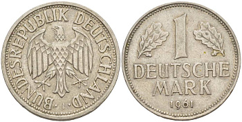 ФРГ 1 МАРКА 1961 F KM 110, J. 385 медно-никель 4551-1243