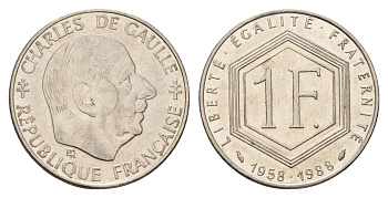 Франция 1 франк 1988 30 лет Пятой Республике, Шарль де Голль KM 963, Le Franc 227.2 никель 3459-824