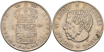 Швеция 1 крона 1973 U, Густав VI Адольф (1950-1973) KM 826a медь плакированный медно-никелем 4150-342